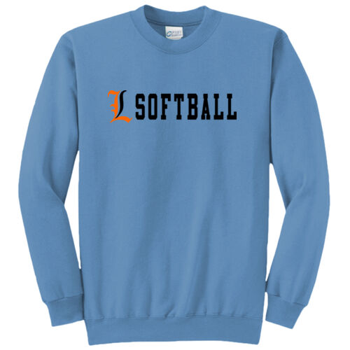 Lady Lakers Softball Orange - Black Front Chest Design LL4 on a Port & Company® - Core Fleece Crewneck Sweatshirt Thumbnail