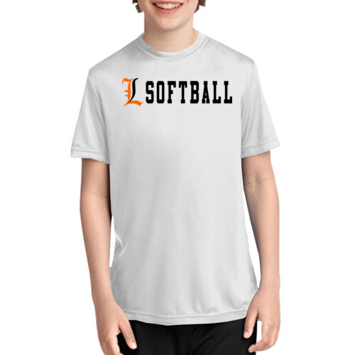 Lady Lakers Softball Orange - Black Front Chest Design LL4 on a Port & Company®  - Youth Performance Tee Thumbnail