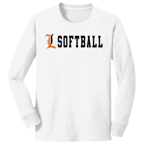 Lady Lakers Softball Orange - Black Front Chest Design LL4 on a Port & Company®  - Youth Long Sleeve Core Cotton Tee Thumbnail
