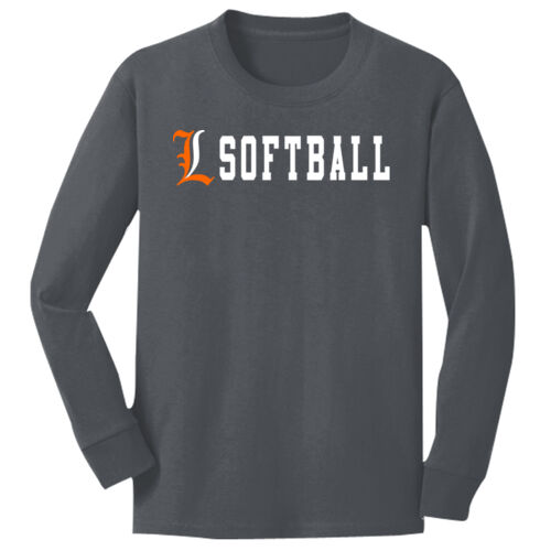 Lady Lakers Softball Orange - White Front Design LL4 on a Port & Company® - Youth Long Sleeve Core Cotton Tee Thumbnail