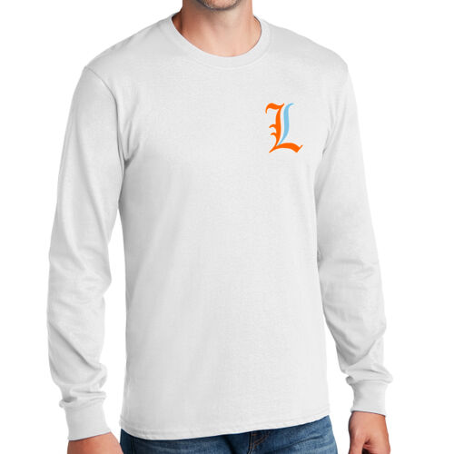 Paris Lakers Orange - Blue Left Chest Design L1 on a Port & Company® - Long Sleeve Core Cotton Tee Thumbnail