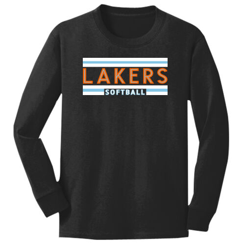 Lady Lakers Softball Orange - Blue Front Design LL2 on a Port & Company®  - Youth Long Sleeve Core Cotton Tee Thumbnail