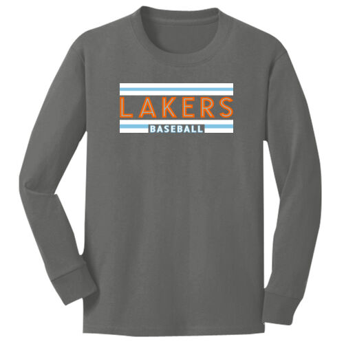 Lakers Baseball Orange - Blue Front Design LB1 on a Port & Company®  - Youth Long Sleeve Core Cotton Thumbnail
