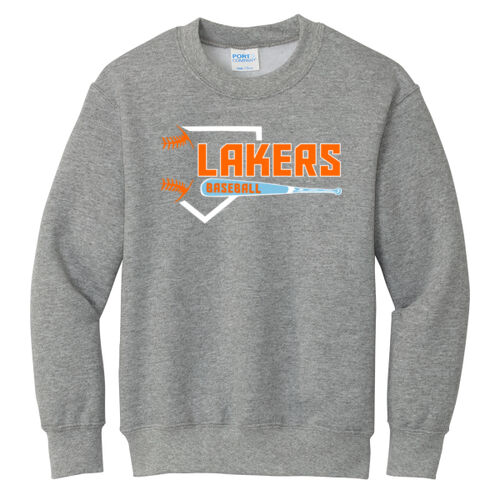 Lakers Baseball Orange - Blue Front Design LB3 on a Port & Company® - Youth Core Fleece Crewneck Swe Thumbnail