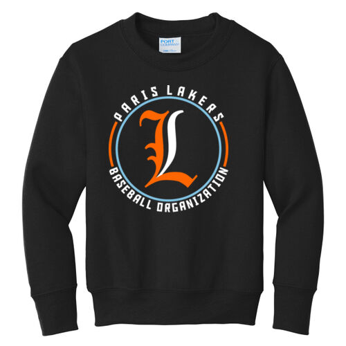 Lakers Baseball Orange - White Front Design LB4 on a Port & Company® - Youth Core Fleece Crewneck Sweatshirt Thumbnail